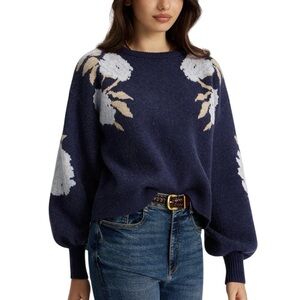 Commense Floral Jacquard Balloon Sleeve Knit Sweater Navy Blue Small NWT